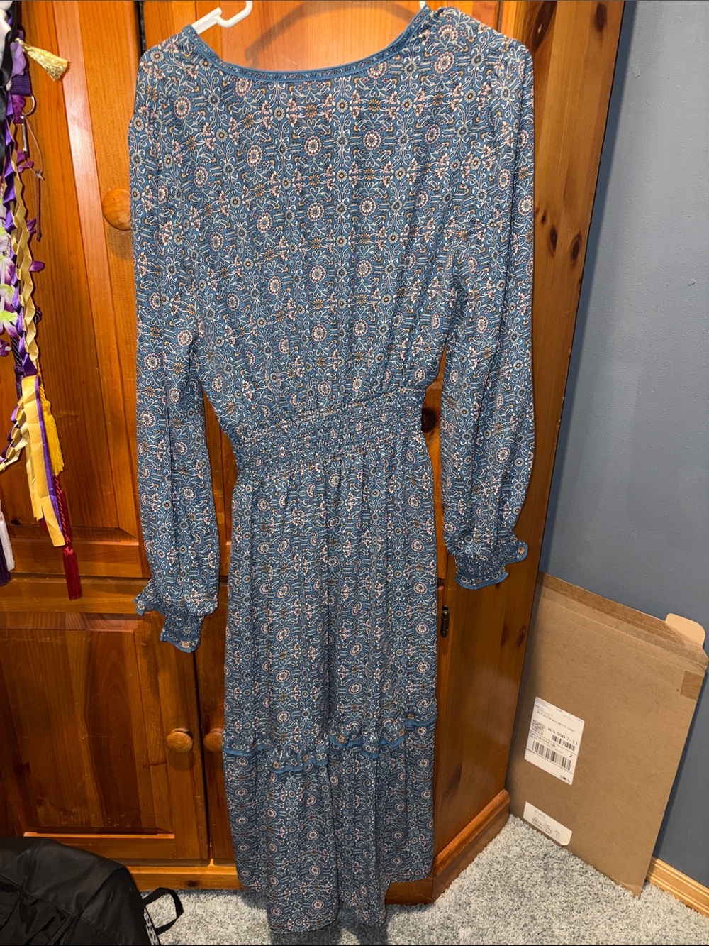 Max Studio Blue Printed Long Sleeve Smocked Waist Maxi Dress - Picture 2 of 2